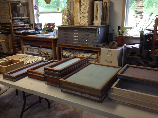 Collection of studio tools for papermaking. 